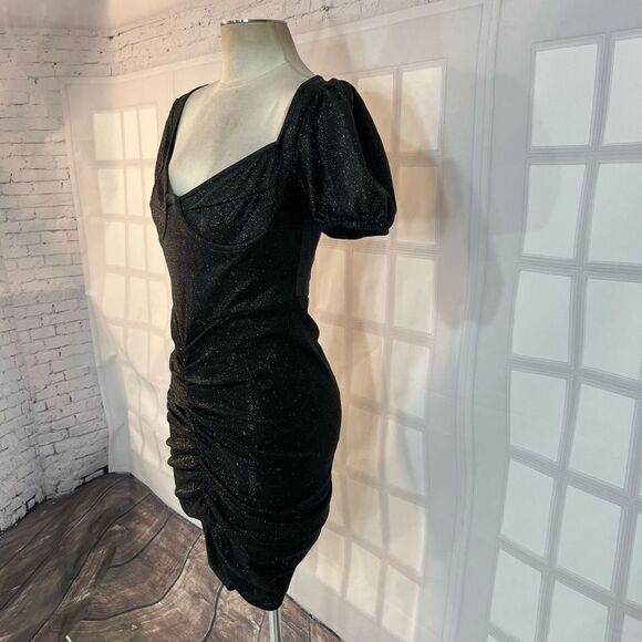 Prettylittlething Black NWT Glitter Ruched Puff Sleeve Cup Detail Bodycon Dress - Picture 6 of 13